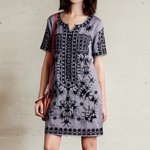 Rose & Rose Anthropologie Chambray Crochet Design Cotton Boho Casual Dress SZ L - Picture 1 of 11